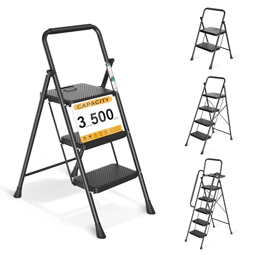 Arbusb Step Ladder, Folding Step Stool with Wide Anti-Slip Pedals, Sturdy Steel Ladder with Handrail, Space-Saving, Portable for Home & Adults, 3 Step Ladder - size: 3-step