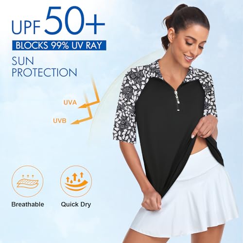 Cucuchy Womens Golf Shirt Half Sleeve Quarter Zip Polo Tennis Shirts Workout Tops - color: B-leaf Black White, size: Large