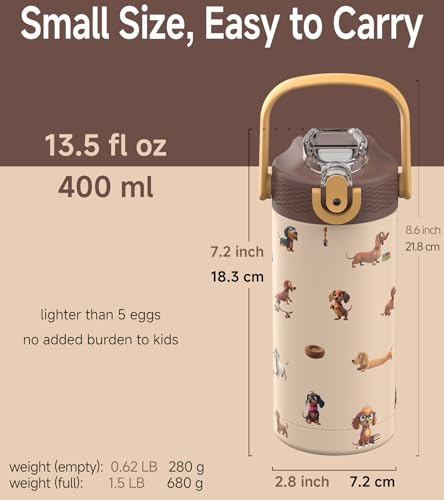 MYFOREST 14oz/400ml Insulated Kids Water Bottle, Odor-free Liner, 3D Touch | No Plastic Taste, Surgical Steel - No Chemical Leaching, Name Spot, Soft Sipper, Gift for Dog Person, Beige. Dachshunds - color: Beige. Dachshunds
