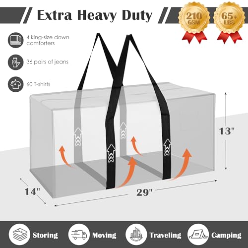 6 Pack Moving Bags Heavy Duty 210GSM with Full-Open Side Zipper, 93L 65lbs Waterproof Foldable Storage Totes for College Dorm Move-In, Moving Boxes Alternative & Home Organization,White - color: White, size: 6 Pack