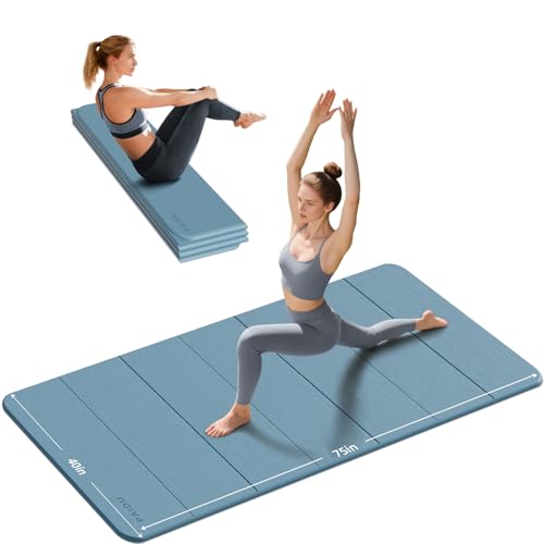 PAIDU Foldable Yoga Mat (10MM) 75‘’x40‘“ Quick Fold，Easy Storage | TPE Non-Slip Design, Ea Extra Long/Wide for Indoor Yoga, Pilates and Outdoor Travel Workouts - color: Blue Gray