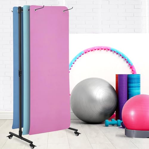 Yoga Mat Holder Hanging, Metal Double Sided Yoga Mats Storage Cart on Wheels, Floor Standing Pilates Mat Rack for Home Gym, Exercise, Yoga Studio, with Punching Tool(Black)