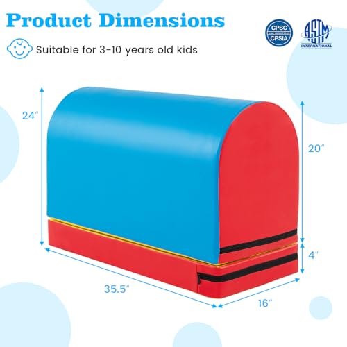 Goplus Mailbox Tumbling Mat, Gymnastics Vaulting Box w/Detachable Mat, Carrying Handle, Premium PU Leather, Portable Jumping Tumbling Aid Trainer for Kids Home Gyms Exercise - color: Red+Navy Blue