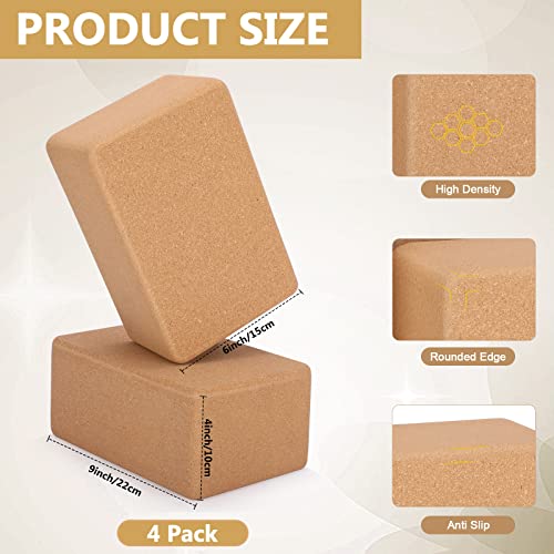 Leitee 4 Pcs Cork Yoga Blocks, 9 x 6 x 4 in Non Slip Bricks | Natural Cork Surface, Textured Grip, High Density Support, Stable for Poses, Stretching Balance Pilates Use