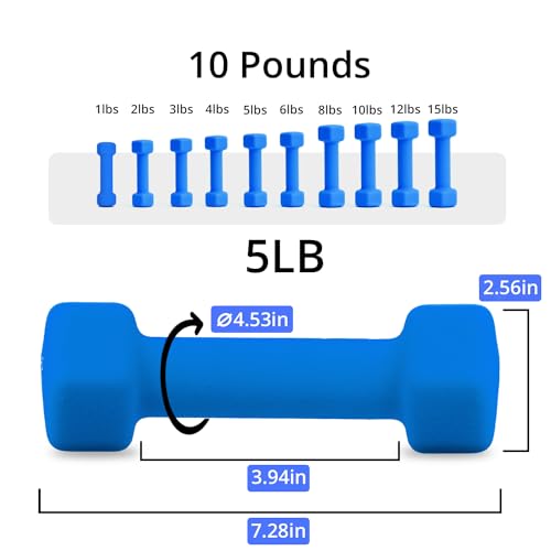 Portzon 8 Colors Options Compatible with Set of 2 Rubber Dumbbell Weight, 5-50 LB, Anti-Slip, Anti-roll, Hex Shape - color: Dark Blue, size: 05-Pound,Pair, style: Neoprene Dumbbells