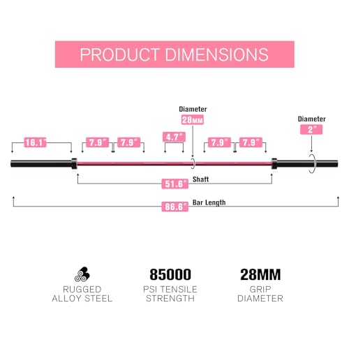 RitFit Elite 7ft Olympic Barbell, Robust 45lb Barbell for Weightlifting and Powerlifting, Superior Olympic Bar with Exceptional 500lbs Load Capacity, Weight Bar for 2” Standard Plates - color: Pink, size: 7 ft 500 lb 45 lb without Collar