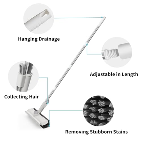 Floor Scrub Brush with Long Handle, 3 in 1 Scrape and Heavy-Duty Stiff Bristle Scrubber Brush for Cleaning Shower Bathroom, Patio, Garage, Kitchen, Wall and Deck (White, 2 Pack) - color: White, size: 2 PACK