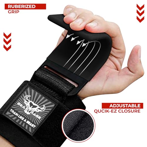 BEAST RAGE Weight Lifting Hooks (Pairs) for Men Anti Slip Durable Coated Grip Wrist Straps for Pull Ups Deadlift Strength Fitness Bodybuilding Women Hook Exercise - color: Black