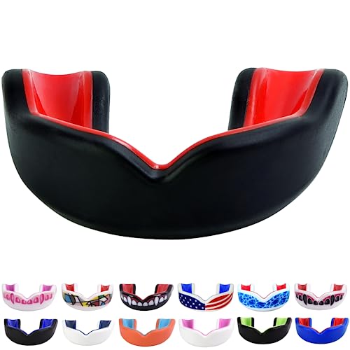 Oral Mart Youth Sports Mouth Guard for Kids (USA Flag, Fangs, 20+ Colors to Choose from) Mouthguard for Football, MMA, Karate, Boxing, Rugby, BJJ, Flag Football – /w Case (Youth, Strapless) - color: Cherry Red