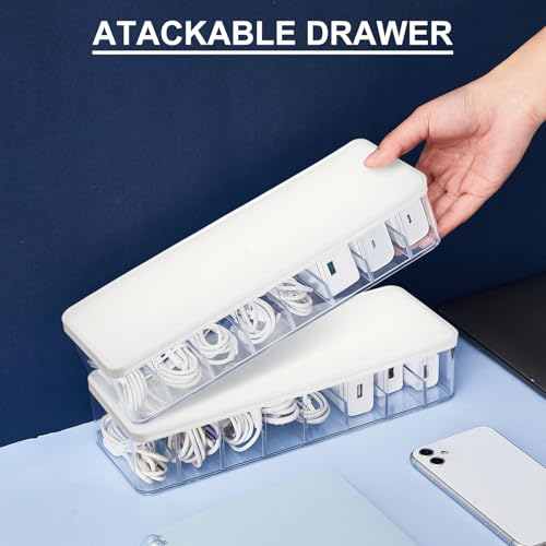Tatuo 2 Pcs Cord Organizer for Drawer Desktop, Cable Organizer Box with 8 Compartments and Wire Ties, Plastic Charger Storage with Lid, Electronics Case for Home Office Accessories (Small,Clear,White) - color: Clear, White