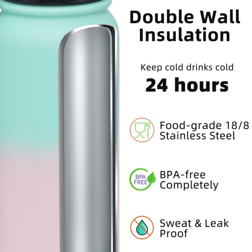 Fanhaw 32 oz Insulated Stainless Steel Water Bottle with Anti-Dust Chug Lid, Leakproof Vacuum Sports Bottle for Kids, Teens & Adults, Back to School Essentials (Green Pink) - color: Green Pink, style: 32 Ounces