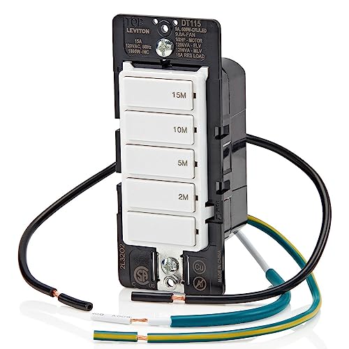 Leviton Countdown Timer Switch for bathroom fan and household lights, 2-5-10-15 min, No Neutral Required, Single Pole, 15A, 1/2 HP/9.8A Fan/Motor, DT115-1LW, White - style: 2-5-10-15 min, No Neutral Required
