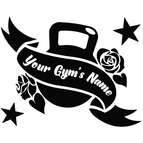 Beautiful Gym Vinyl Decals with Gyms Name Kettlebell Flowers Stars - Outdoor for Business - Window Door Wall Gym and Fitness Decal - color: Dec 16