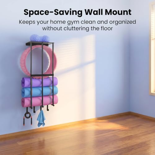 Yoga Mat Holder Yoga Mat Holder Wall Mount Home Gym Accessories Organizer,Towel Storage Rack with 4 Hooks for Hanging Foam Roller and Resistance Bands Gym Organization for Home Gym