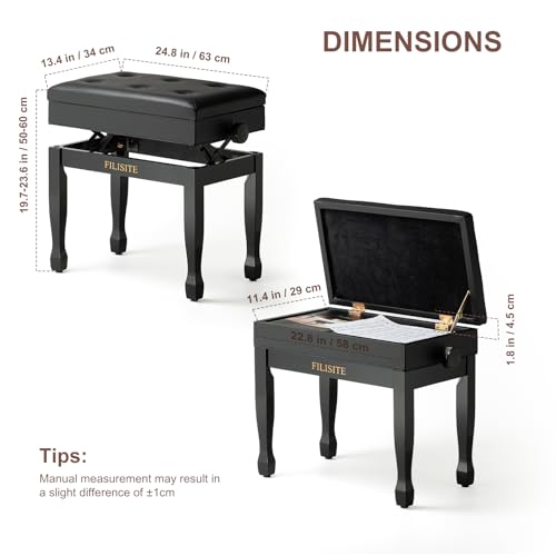 Adjustable Height Piano Bench Stool PU Leather Cushion Wooden Keyboard Seat with Music Storage (Black) - color: Black