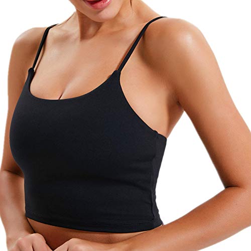 Lemedy Women Padded Sports Bra Yoga Tank Top | Light Support, Longline, Fitness Workout Running Shirts, Removable Pads, Spaghetti Straps, for Women - color: Black, size: X-Large