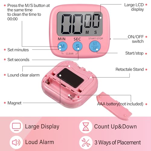 Weewooday 24 Pcs Small Digital Kitchen Timer Magnetic Back and Switch Minute Second Count up Countdown Big LCD Display Loud Alarm for Teacher Cooking Baking (Pink,Orange) - color: Pink, Orange