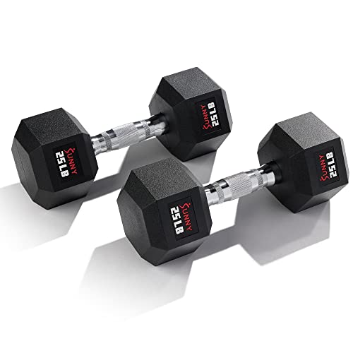Sunny Health & Fitness Hex Style Dumbbell 5 LBS TO 50 LBS Chrome Handles, Hand Weight for Strength Training, Home Gym, Exercise, Workout Equipment Multiple Size Options - style: 11.3 KG / 25 LBS (Pair)