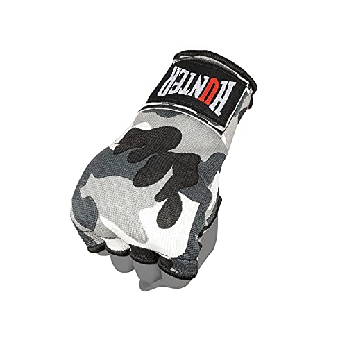HUNTER Gel Boxing Hand Wraps for Men & Women, Quick Inner Gloves with Wrist Support for MMA, Muay Thai, Kickboxing & Martial Arts Training, Knuckle Protection (Pair) - color: Gray Camo, size: Small-Medium