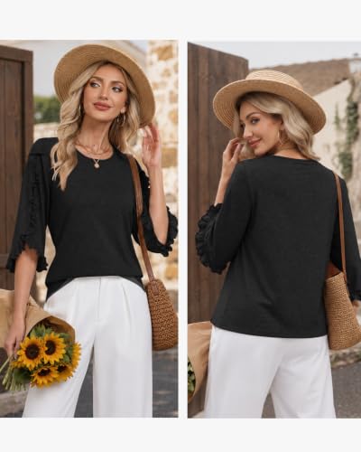 3/4 Length Sleeve Womens Tops Crewneck Ruffle Sleeve Shirts Dressy Casual Blouse Summer Fall Fashion Business Outfit - color: Black, size: Small