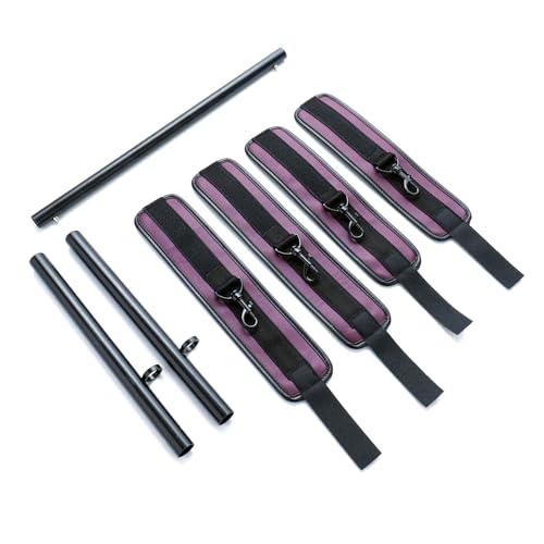 Spreader Bar Heavy Duty Stainless Steel Expandable Silver Bar Home Gym with 4pcs Furry Purple Adjustable Straps,Sports Aid Training Fitness Gear Pilates Aid Kit - style: Black+Eggplant PU Kit