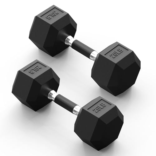 PAPABABE Hex Dumbbell Set 2.5-100lb, Rubber Grip Dumbbells, Home Gym | Complete & Durable Cast Iron Core Odorless Antiroll Hex Shape Ergonomic Versatile Home Gym Comfort Non-Slip Grip - size: 20 lb, Pair, style: Rubber Grip
