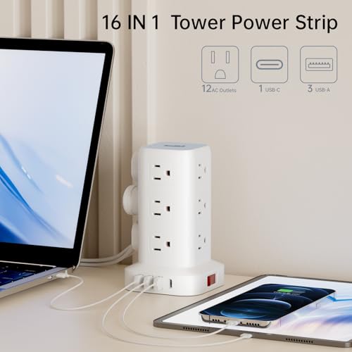 Extension Cord with Multiple Outlets, SMALLRT Flat Plug Power Strip Tower, Outlet Extender with USB 12 AC Outlets, 10FT Ultra Thin Extension Cord for Home Office, Overload Protection - color: White, size: 10 Ft without wireless charging