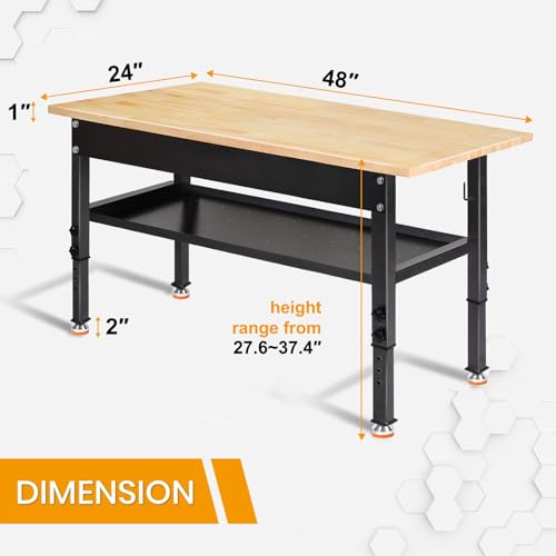 48"/60'' Adjustable Workbench, Rubber Wood Work Bench | Heavy-Duty With Partition ,2000 LBS Load Capacity Hardwood Work table for Garage, Workshop - size: with partition, 48