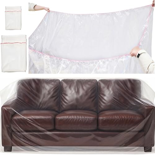 2 Pack Plastic Couch Cover Chair Cover with Elastic Band, Clear Furniture Cover Sofa Cover Recliner Cover Protector for Moving and Storage, Waterproof Moving Bags for Couch Slipcover - size: 1pc Sofa & 1pc Chair