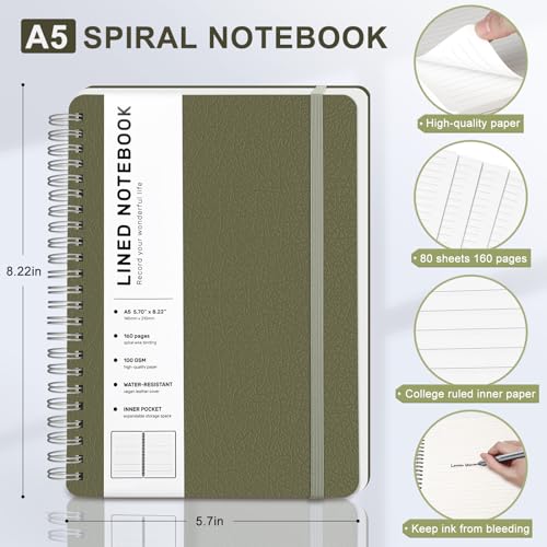ABERLLS Lined Spiral Journal Notebook with 160 Pages, 8×5.7in, A5 Spiral Notebook, Journaling Notebooks for Work, School, Women, Men, College Ruled Spiral Notebook, Hardcover Leather Journals, Green - color: Green, size: A5