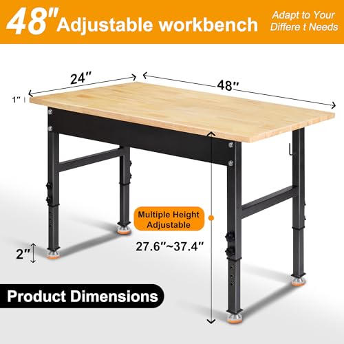 48" Adjustable Work Bench, Rubber Wood Top Workbench | Heavy-Duty Work Table, 2000 LBS Load Capacity Hardwood Work Benches for Garage, Workshop, Home, Office, Easy Assembly - size: 48