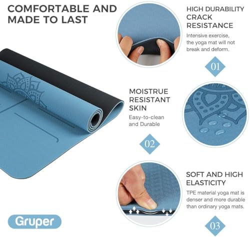 Gruper Yoga Mat Non Slip TPE Extra Wide Yoga Mat with Alignment Mark, 72"L x 32"W x 0.32"/0.24"Th (183cm x 80cm x 8mm/6mm), Anti-Tear Exercise Mat with Carrying Strap and Bag, Workout Mats for Yoga, Pilates - color: Blue Black, size: 0.24*32*72 Inches