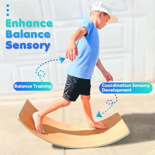 35" Balance Board Kids | Montessori Wobble Board for Toddlers Ages 3-5, Natural Wood Open-Ended Waldorf Sensory Toy for Indoor & Outdoor Play, Core Balance Trainer, Birthday & Christmas Gift 2026 - color: Original Wood + Blue Felt