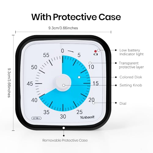 Yunbaoit Visual Timer, Silent 60-min Countdown Timer for Kids, Black Blue | Protective Case, Time Management Tool, Mute and Ringing Alarm Available, Low Power Reminder, for Study,Game,Work,Fitness etc - color: Black Blue