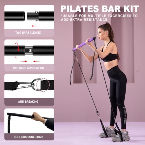 Pilates bar kit Multiple Fitness bar with Resistance Bands, Ab Rollers.Core Strength Training Equipment. Squat Machine for Men and Women.Portable Home Gym Pilates bar kit for Full Body Training Women - style: Basic purple