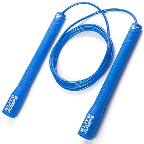 Elite Jumps Fit Plus Pro Freestyle PVC, 4mm Cord Skipping Rope, Cardio, Adjustable 10ft Length with 8" Reinforced Handles, Non-Slip Grip for Gym Workout, School Sport, Beginner Use - color: Blue-no grip tape