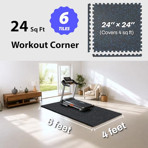 AIRHOP 1'' Ultra-Thick 24 Sq Ft Rubber Top Gym Flooring for Home Gym | 6 Tiles, High Density EVA Foam, Waterproof & Non-Slip Rubber, Interlocking Puzzle Mats, Heavy Duty Floor Protection, 24"x24" - color: Black/Blue, size: 24 Sq Ft (6 Tiles)