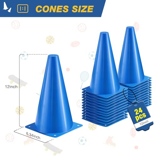 12 Inch Sports Cones Set of 24,Durable Training Cones for Soccer,Football, Basketball Drills - Multi-Purpose Agility Cones for Indoor & Outdoor Practice - color: blue