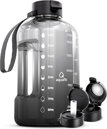 AQUAFIT Half Gallon Water Bottle with Time Marker | BPA Free Half Gallon Water Bottle with Straw and Chug Lids - Leakproof Gym Water Bottle with Carry Handle (Gun Gray) - color: Gun Gray, size: 64 Ounces