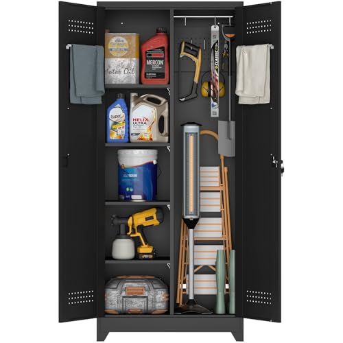 IRONFFICE Metal Utility Closet,Broom Closet Storage Cabinet with Doors and Shelves,Locking Storage Cabinets for Home Office,Gym,Laundry,Black - size: 72"H x 31.5"W x 15.74"D-Black