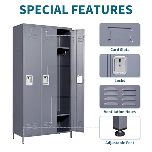 72" Height Metal Locker for Employees with 3 Door,Heavy Duty Steel Storage Lockers with Card Slot for Home Office School Gym Garage,Locker with Lock for Sports,Employees,Assembly Required - color: Grey