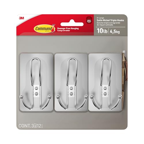 Command 10 lb X-Large Satin Nickel Triple Hooks, 3 Hooks and 12 Strips, Damage-Free Hanging with Adhesive Strips, No Tools Wall Hook for Hanging Decorations in Living Spaces - style: 3-Pack