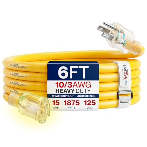6ft Outdoor/Indoor Extension Cord 10/3 Gauge Ultra Heavy Duty 3 Prong SJTW, Waterproof, Flexible Cold-Resistant Long Power Cord,15A 125V 1875W, Yellow by LifeSupplyUSA - color: Yellow, size: 6 FT, style: 10AWG