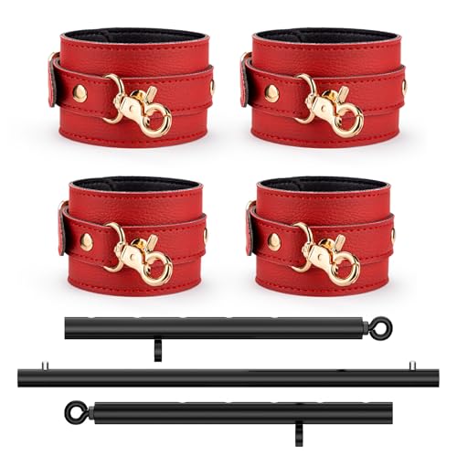3 in 1 Heavy Duty Stainless Steel Expandable Spreader Bar with 4pcs PU Rose-Gold Adjustable Straps,Workout Bar for Home Gym Training Bar,Portable Detachable Pilates Kit - style: Black+Red PU Kit