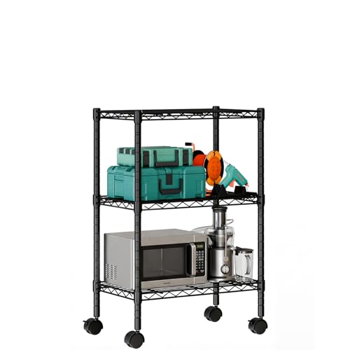 DUMOS 3-Tier Metal Wire Storage Shelves, Adjustable Standing Storage Rack Shelf with Wheels, Heavy Duty Steel Shelving Unit Organizers for Kitchen Bathroom Pantry Garage, 23.1" Wx13.4 Dx30.2 H, Black - size: 3 Tiers with wheels-30.31"H