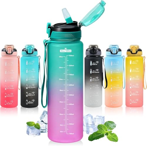Water Bottle with Straw 1L,Boys Water Bottles with Straw 1 Litre,Waterbottle Leak-Proof Sports Water Bottle,Plastic Drinks Bottles Toxin Free，Bpa-Free (Green Purple) - color: 07-Green Purple