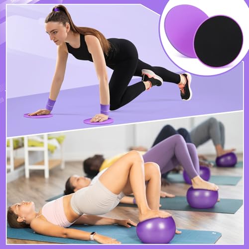 Poen 18 Pcs Home Pilates Kit for Women Pilates Ball and Ring Circle Set Yoga Fitness Essential with 5 Resistance Band Stretching Strap Non Slip Sock Ball Core Slider Wristband Headband Gym Bag - color: Purple