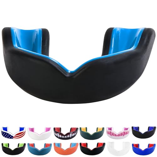 Oral Mart Youth Sports Mouth Guard for Kids (USA Flag, Fangs, 20+ Colors to Choose from) Mouthguard for Football, MMA, Karate, Boxing, Rugby, BJJ, Flag Football – /w Case (Youth, Strapless) - color: Black / Sky Blue