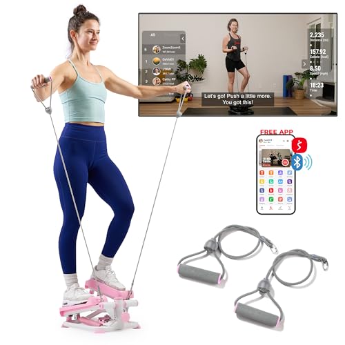 Sunny Health & Fitness Mini Steppers for Exercise at Home, Stair Step Workout Machine with Resistance Bands, Full Body Cardio Equipment, Optional Free SunnyFit App Connection Smart Stepper - color: Pink