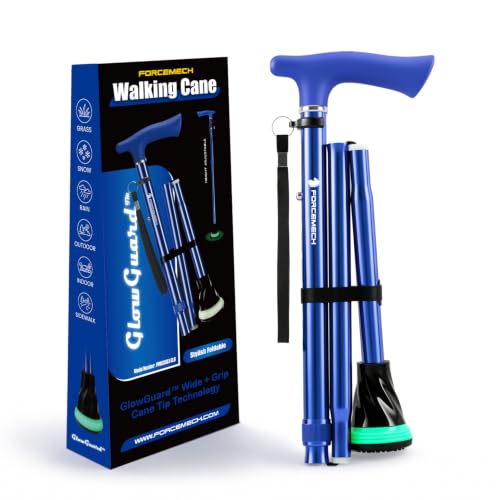 FORCEMECH GlowGuard Foldable Walking Cane for Men & Women, Adjustable Heavy Duty Cane with Glow Tip & Extra-Wide Tip - color: Gloss Blue